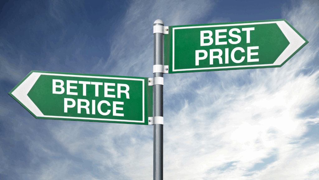 A street sign with a sign saying "Best Price" and a sign saying "Better Price" pointing in opposite directions.